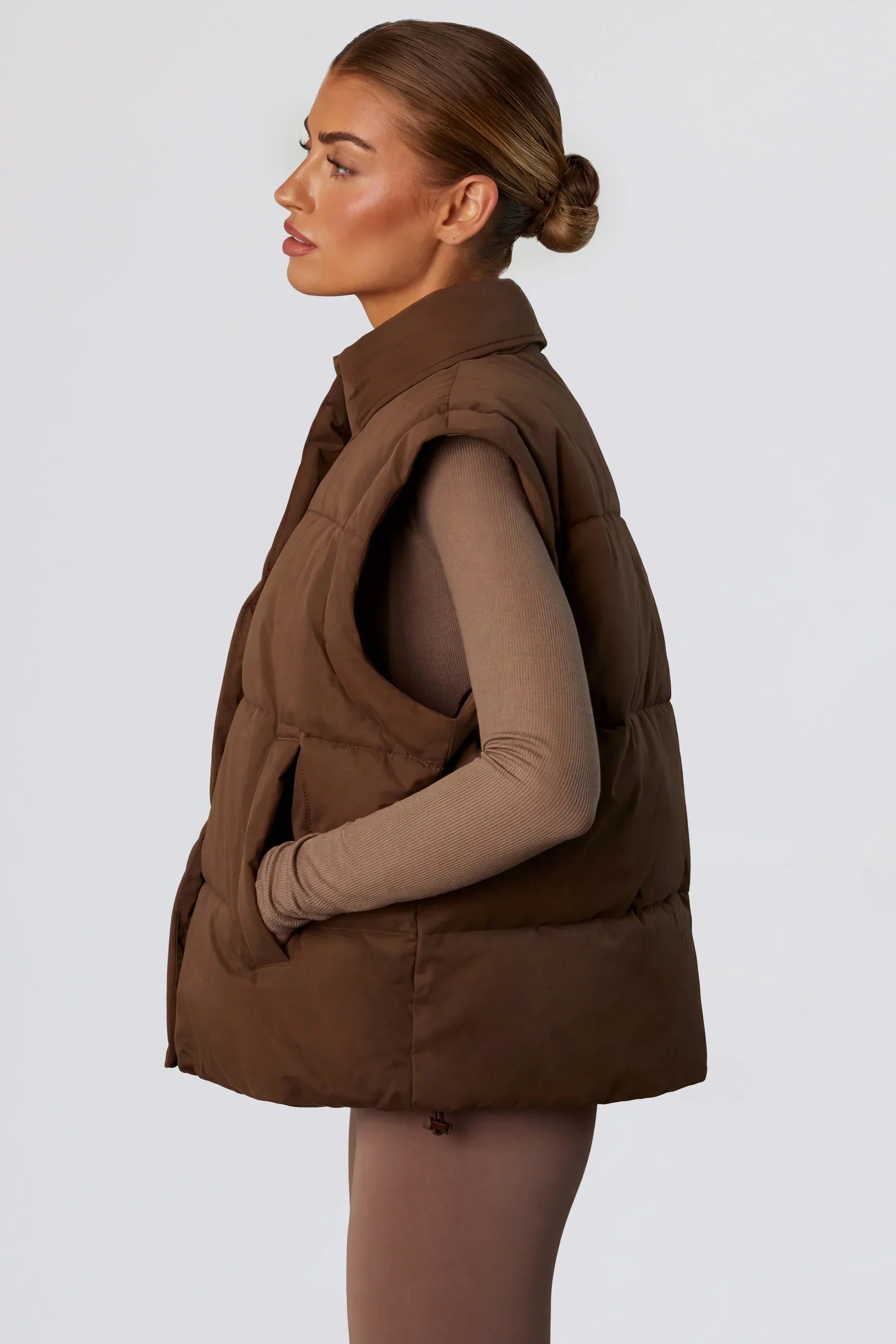 Cropped Puffer Jacket with Detachable Sleeves in Cocoa Brown