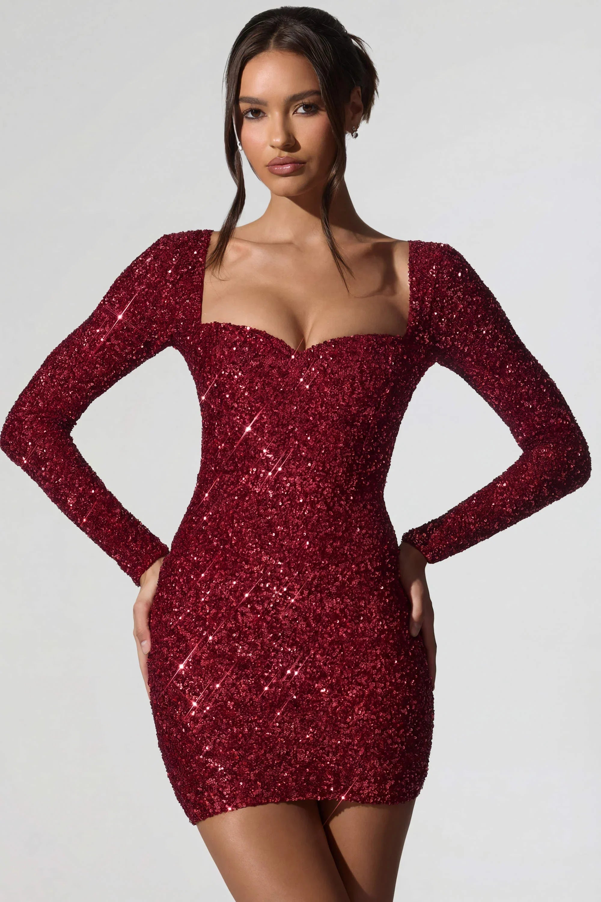Embellished Sweetheart Neck Mini Dress in Red