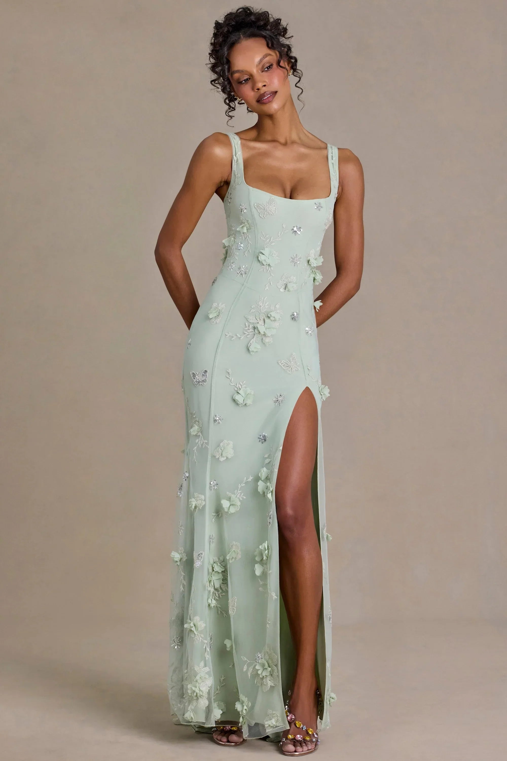 Embellished Corset Gown in Sage Green
