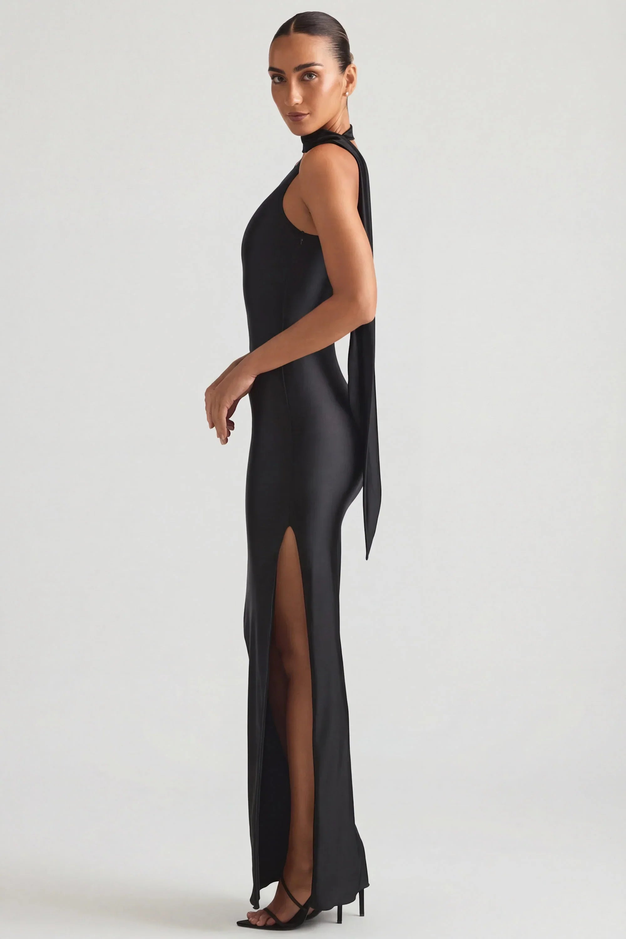 Asymmetric Scarf Detail Maxi Dress in Black