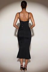 Embellished Peekaboo Fluted Hem Midaxi Dress in Black