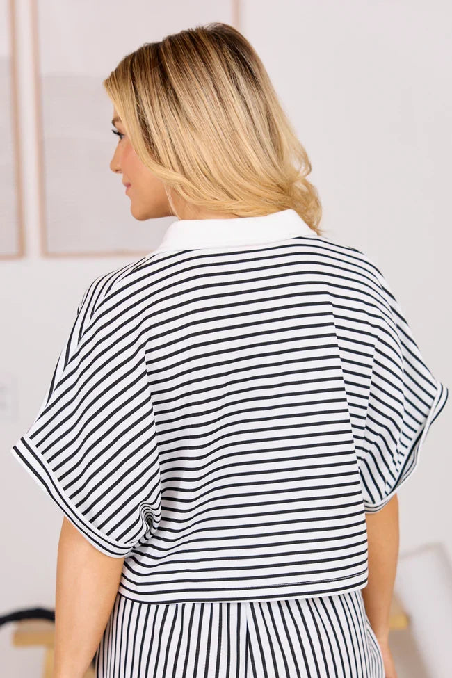 Move With Purpose White And Black Knit Striped Cropped Shirt