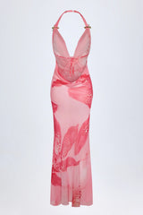 Cowl Neck Hardware Detail Maxi Dress in Pink Orchid Print