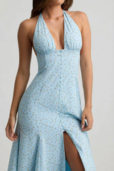 Halterneck Midaxi Dress in Blue Flower Print