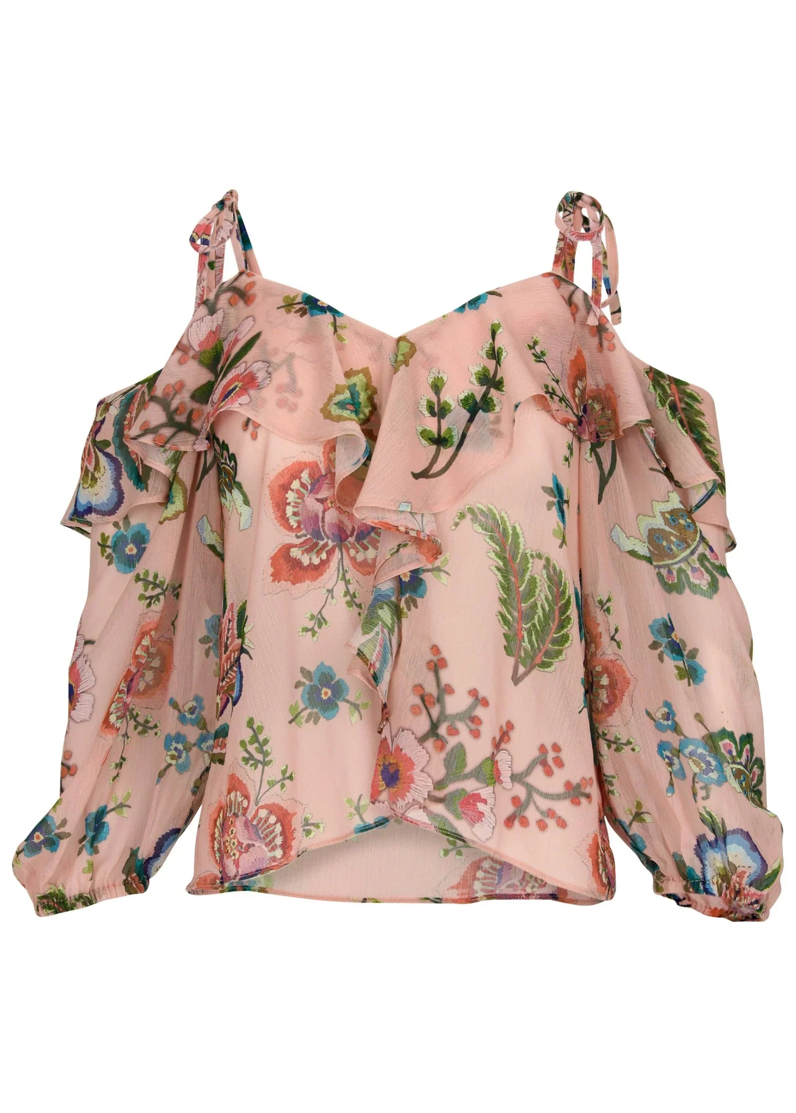 Chiffon Cold Shoulder Top Allover Needlework Floral