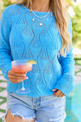 Talissia Blue Open Knit Crewneck Sweater