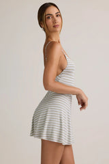 Modal Ribbed Tie Back A Line Mini Dress in Blue Yellow Stripe