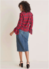 Plaid Ruffle Sleeve Top Racing Red Multi