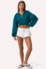 Quarter Zip Cropped Sweatshirt in Teal