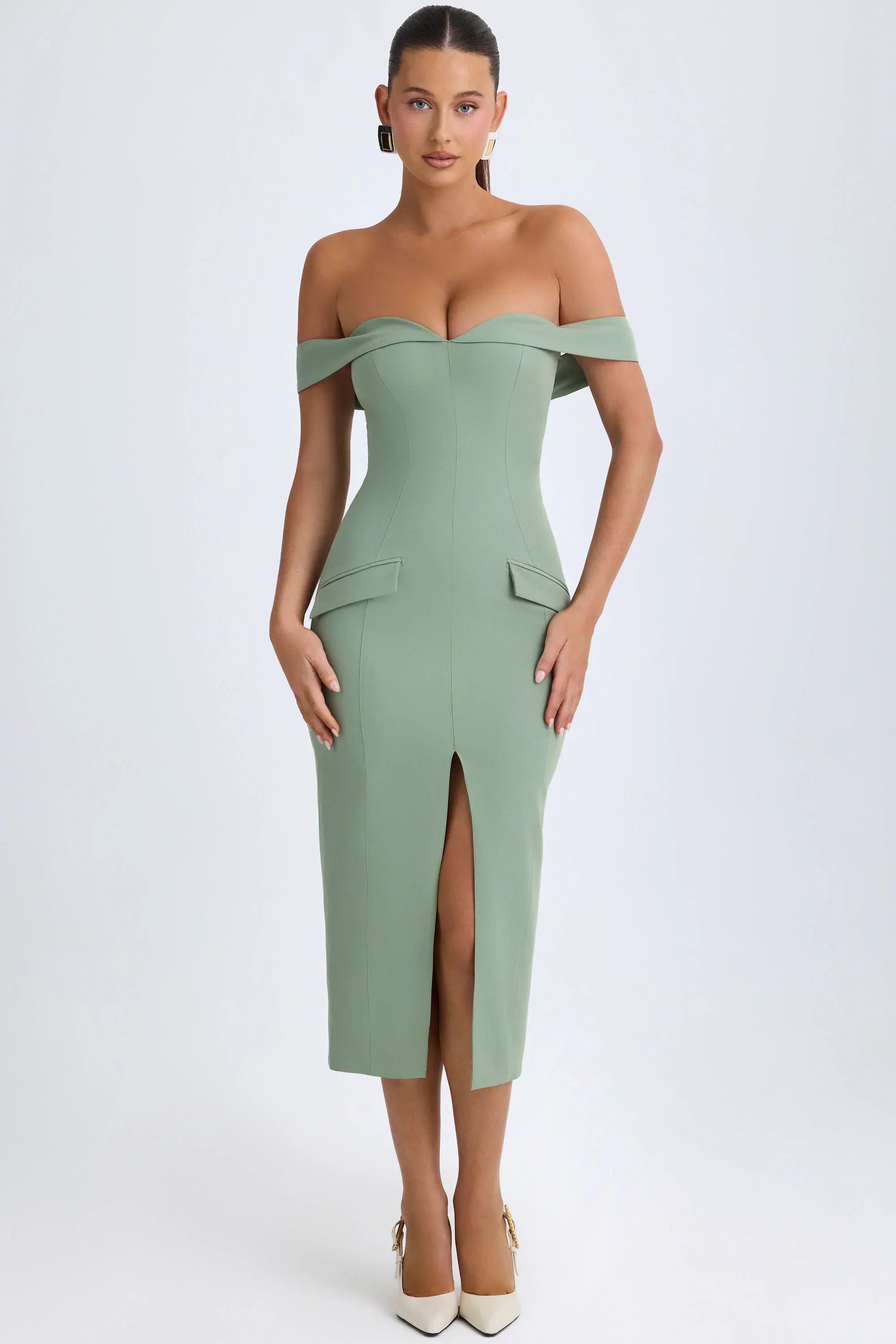 Off Shoulder Midaxi Dress in Khaki Green