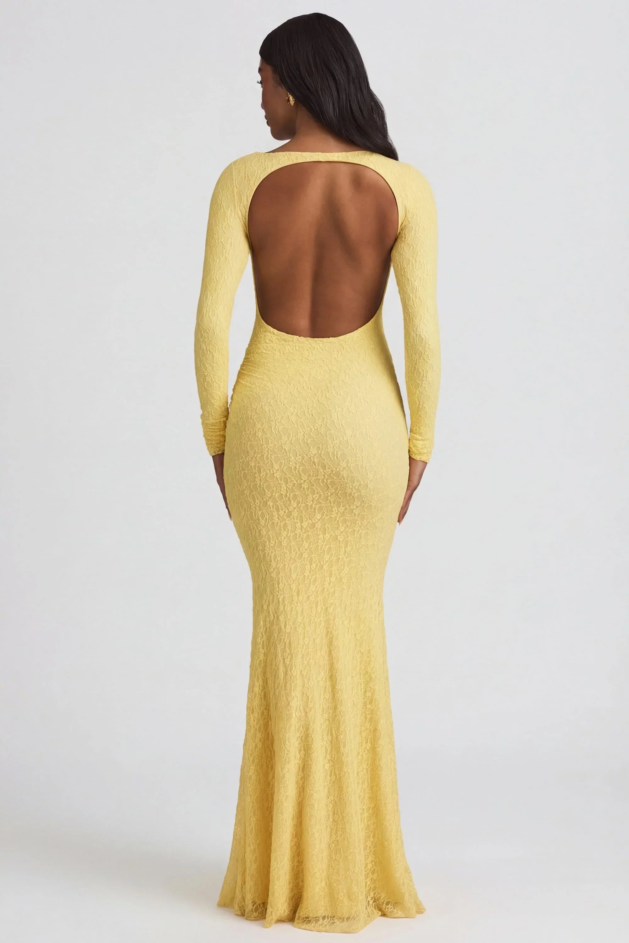 Ruched Backless Lace Maxi Dress in Pastel Yellow