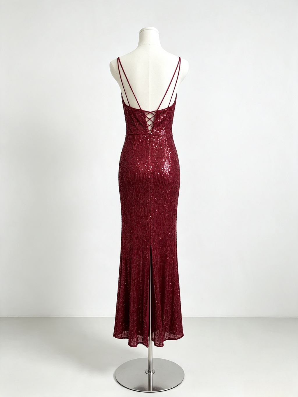 Burgundy Sequin Mermaid Maxi Evening Dress