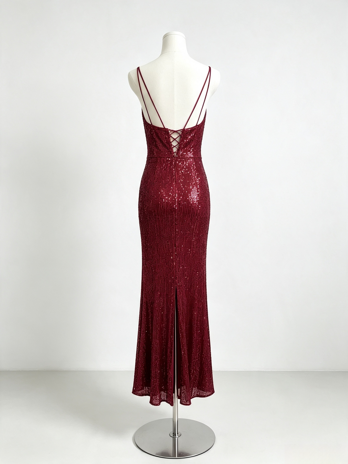 Burgundy Sequin Mermaid Maxi Evening Dress