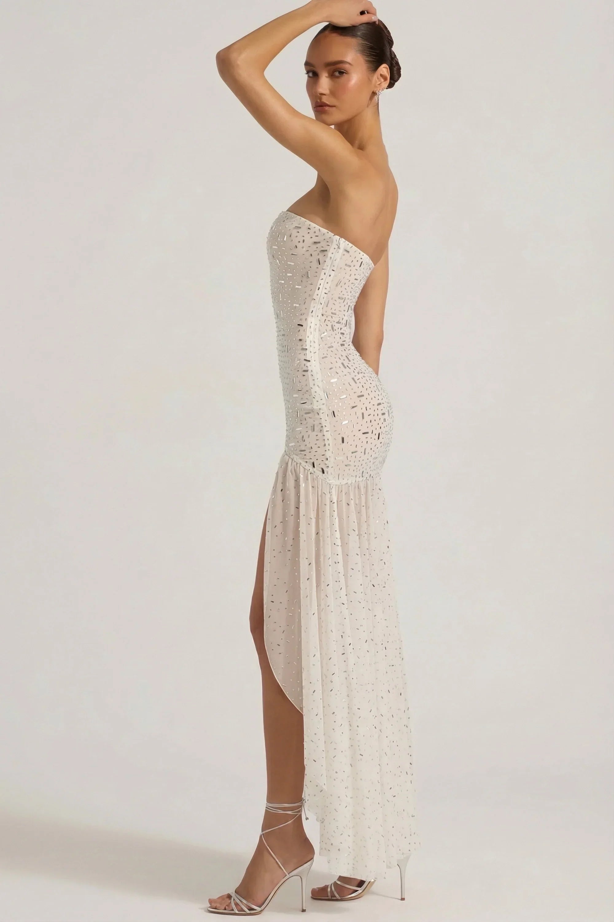 Semi Sheer Embellished Asymmetric Maxi Dress in White