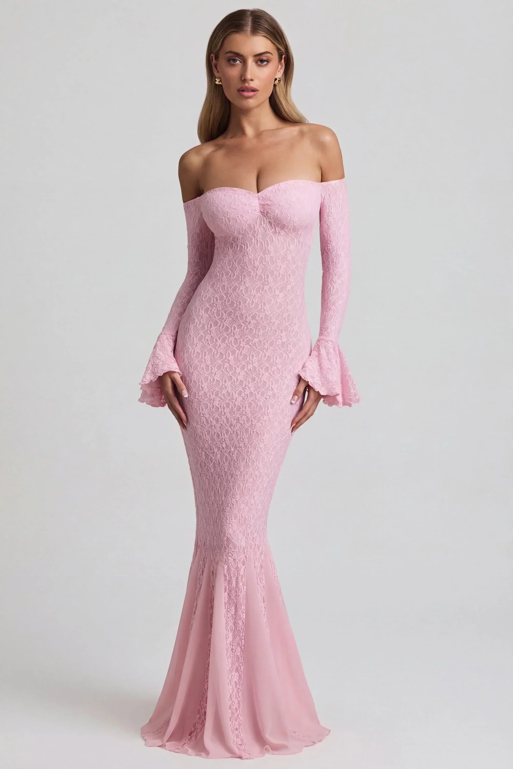 Off Shoulder Ruffle Lace Maxi Dress in Soft Pink