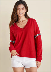 French Terry V Neck Top Red