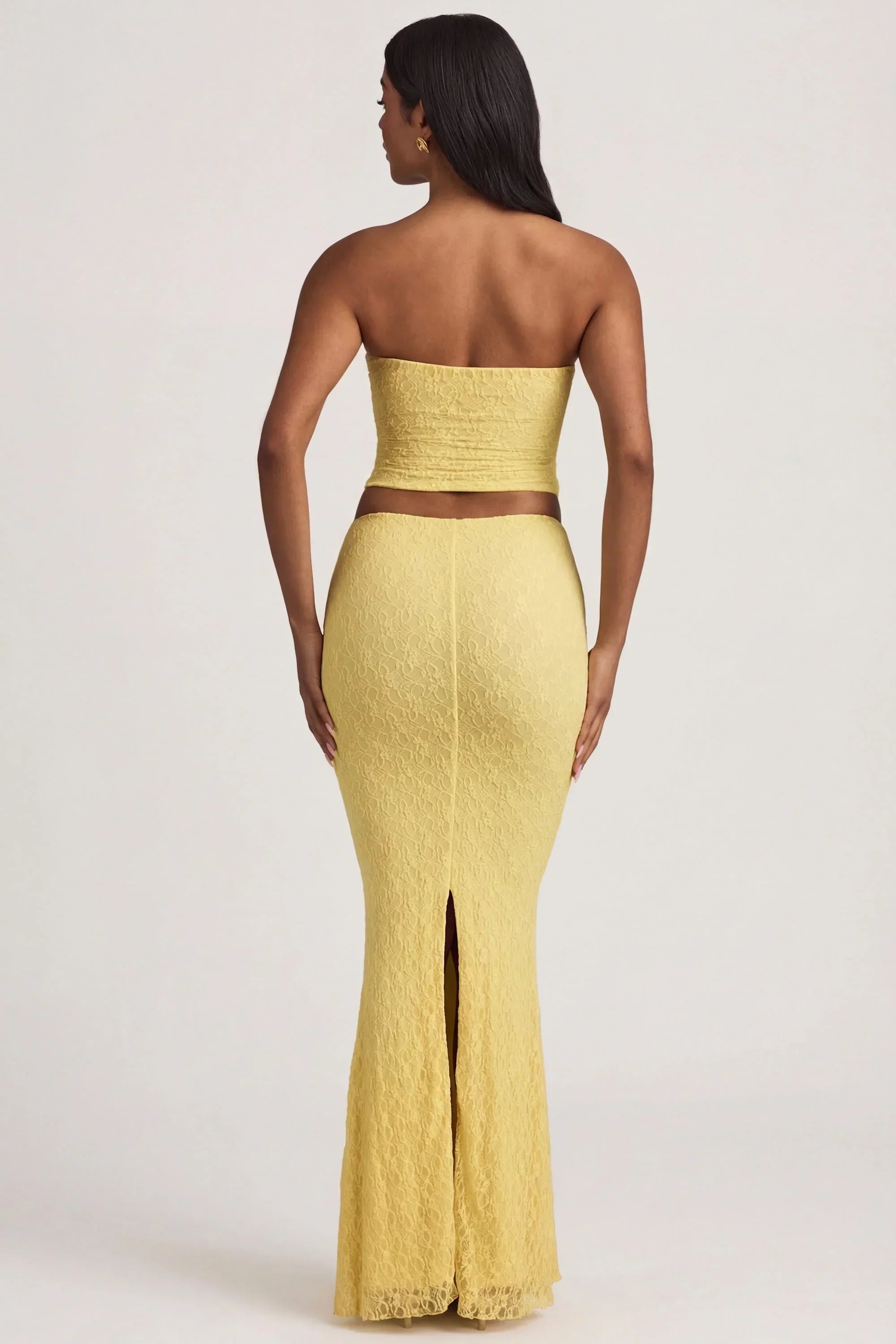 Draped Low Rise Lace Maxi Skirt in Pastel Yellow