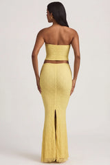 Draped Low Rise Lace Maxi Skirt in Pastel Yellow