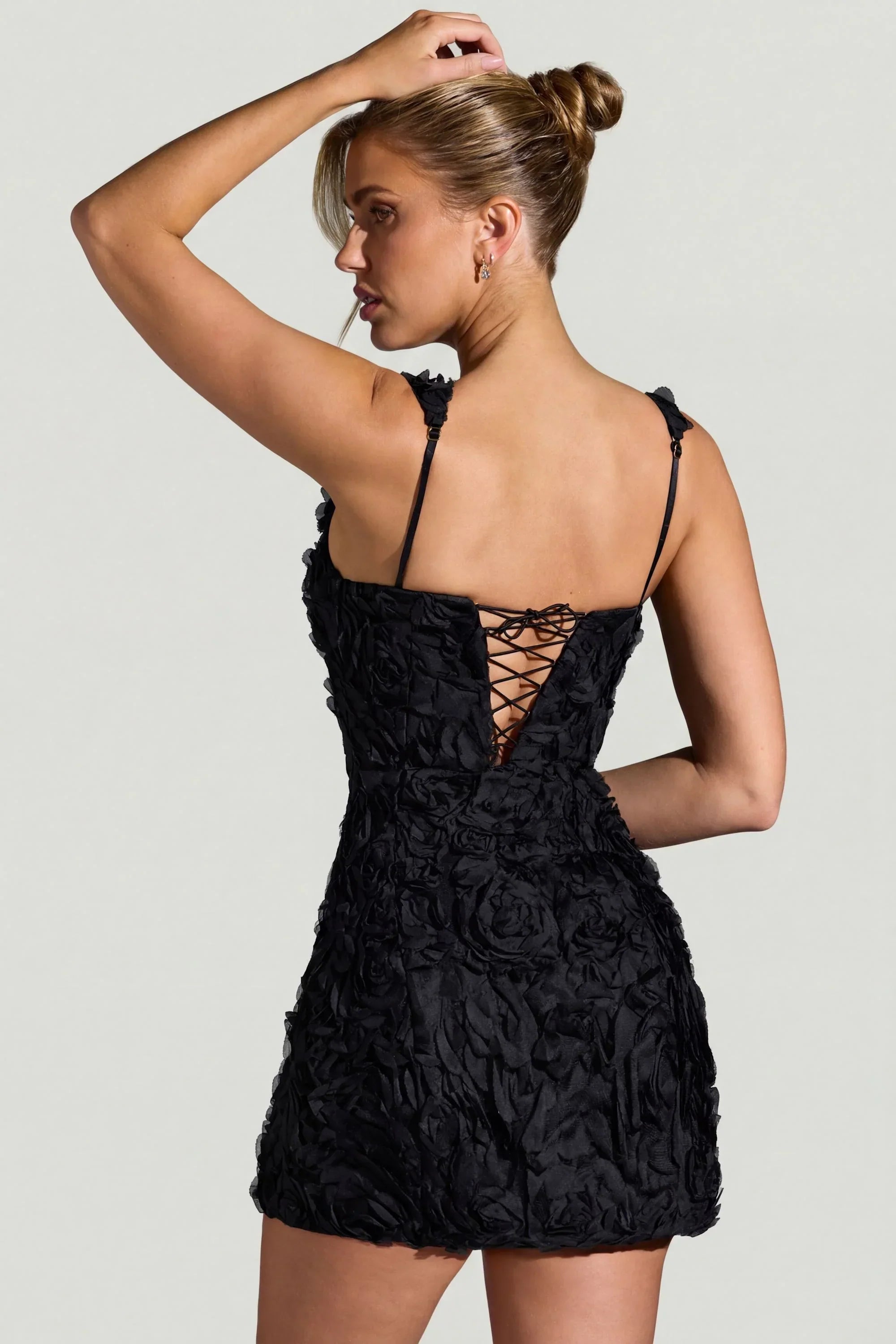 Floral Appliqué Square Neck Corset Mini Dress in Black