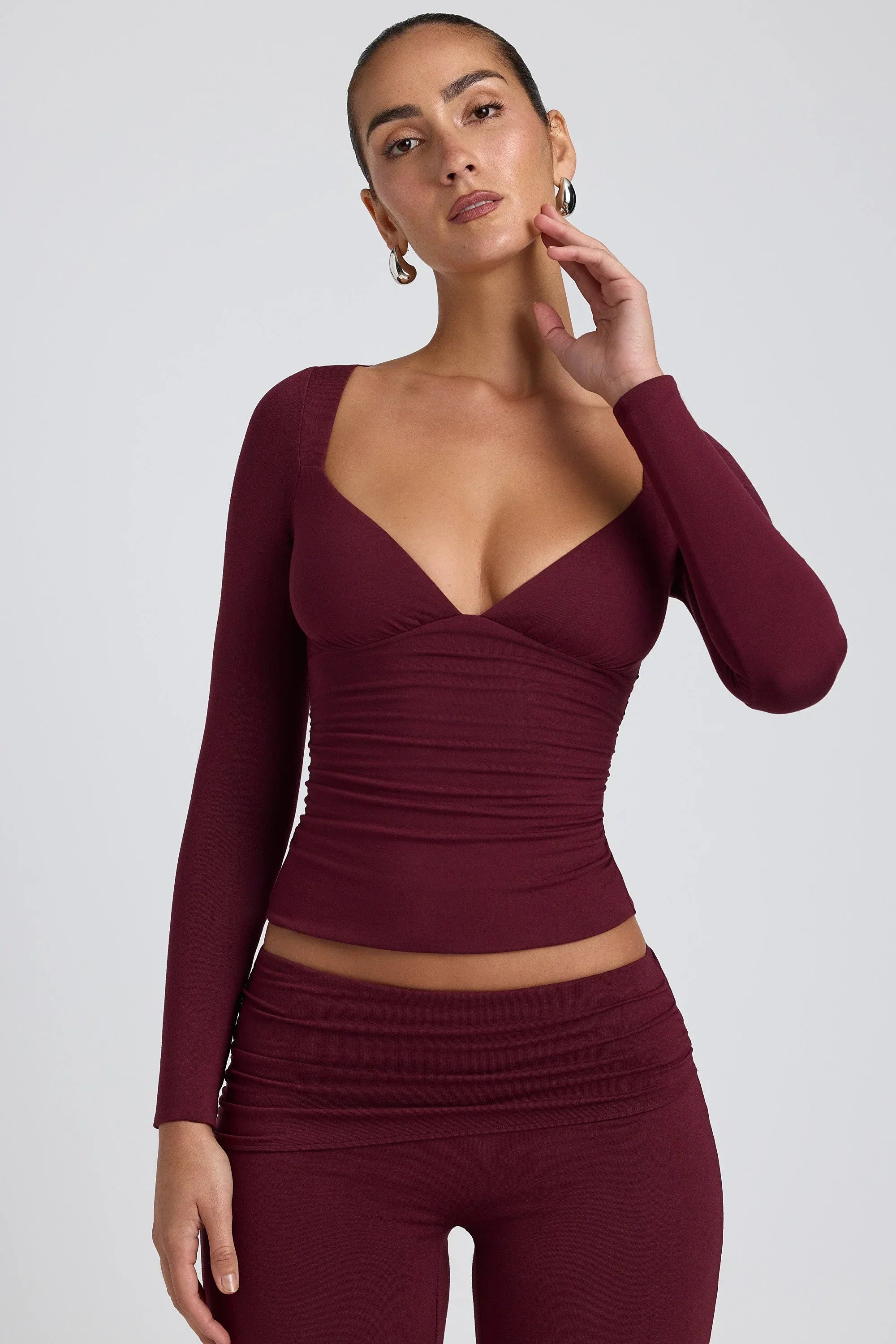 Modal Ruched Long Sleeve Top in Plum