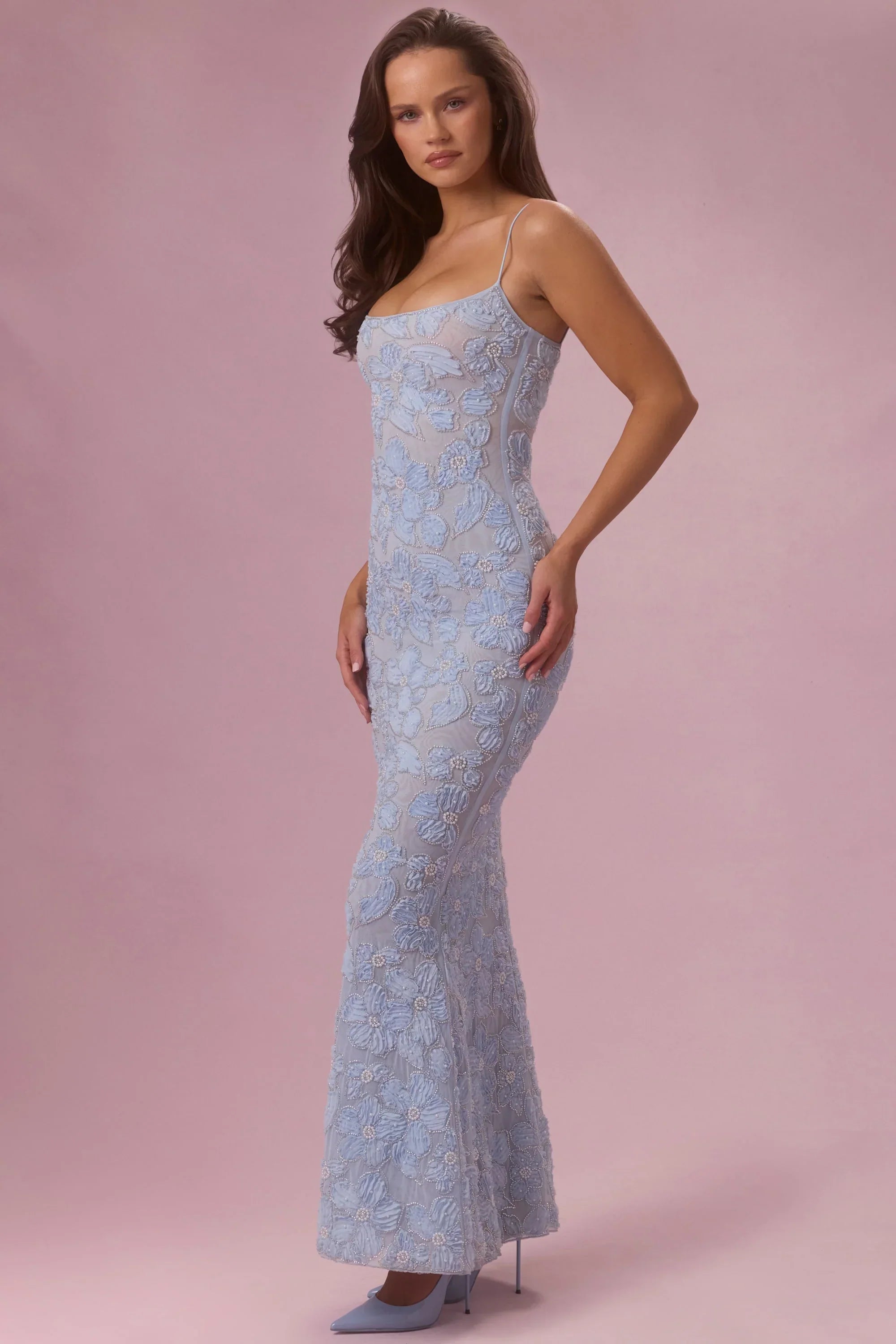 Embellished Square Neck Maxi Dress in Sky Blue