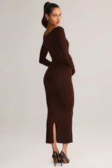Modal Peekaboo Long Sleeve Midi Dress in Chocolate Brown
