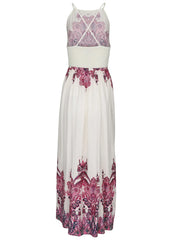 Printed Linen Maxi Dress Pink Boho Paisley Border