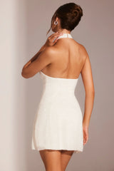 Embellished Asymmetric Neck A Line Mini Dress in White