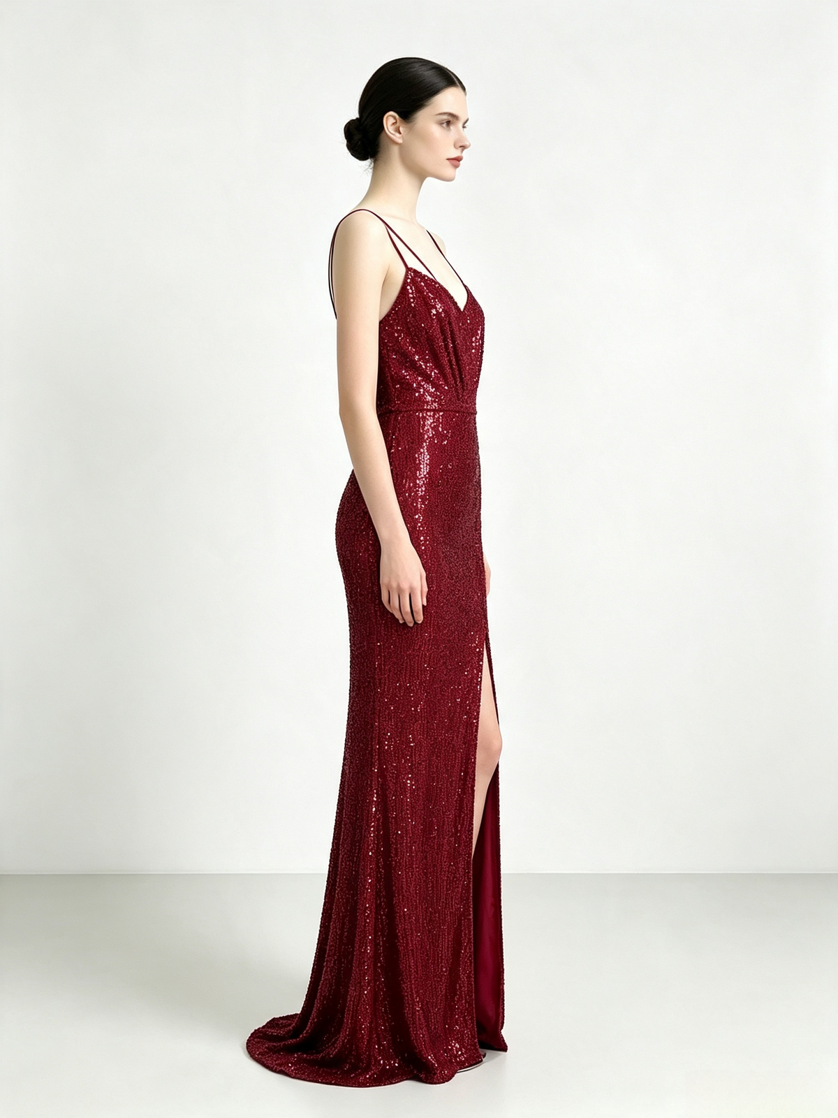 Burgundy Sequin Mermaid Maxi Evening Dress