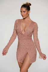 Embellished Wrap Over A Line Mini Dress in Beige