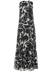 Ruffle Hem Maxi Dress Woodcut Botanical