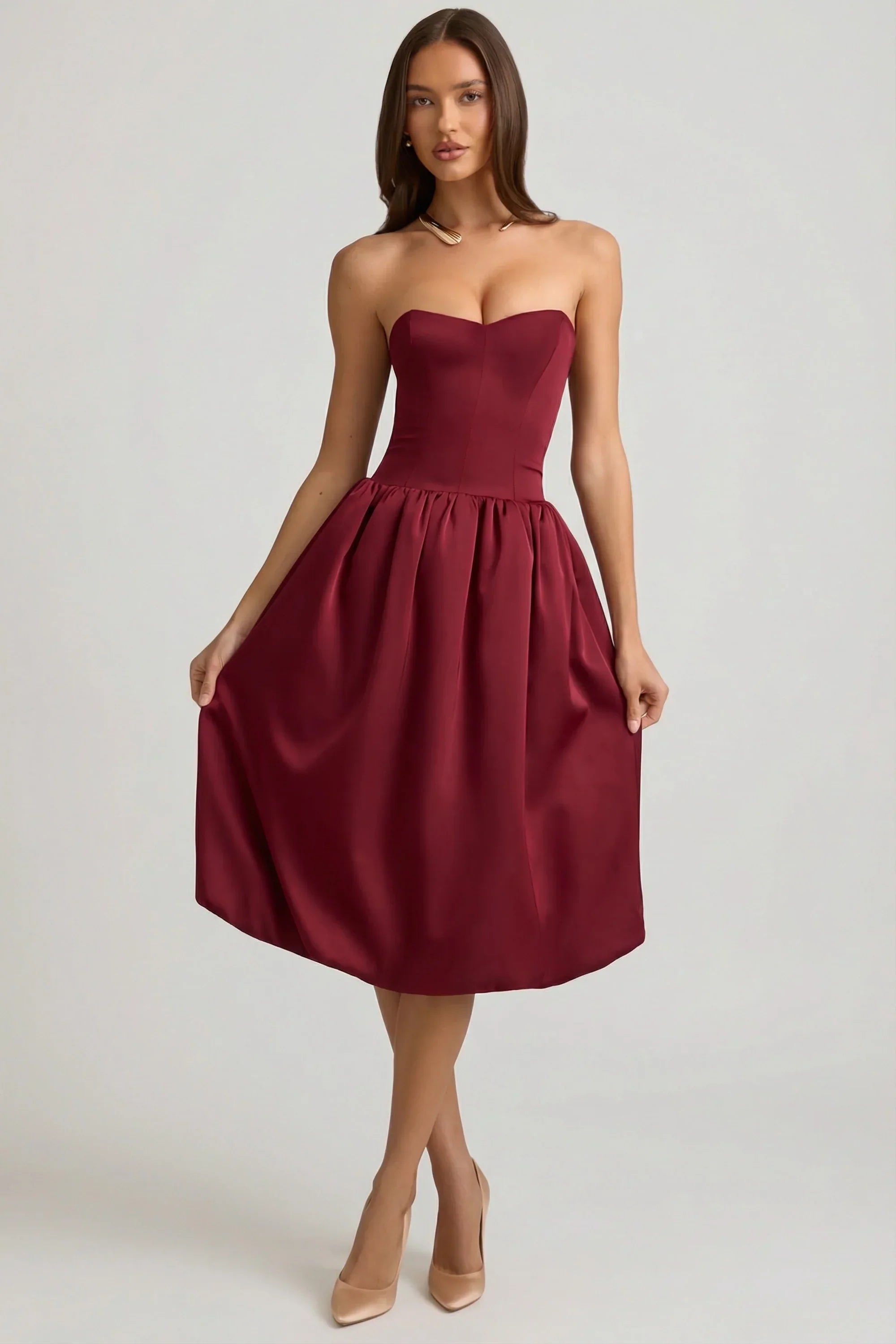 Convertible Bow Detail Bubble Hem Midaxi Dress in Wine Red
