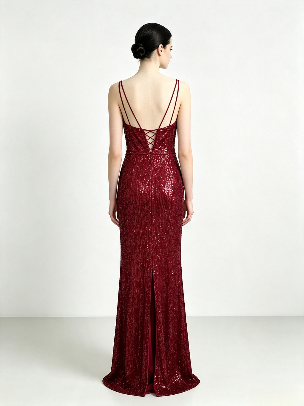 Burgundy Sequin Mermaid Maxi Evening Dress