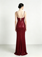 Burgundy Sequin Mermaid Maxi Evening Dress