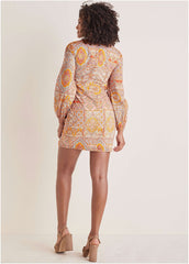Balloon Sleeve Mini Dress Medallion Golden Patchwork