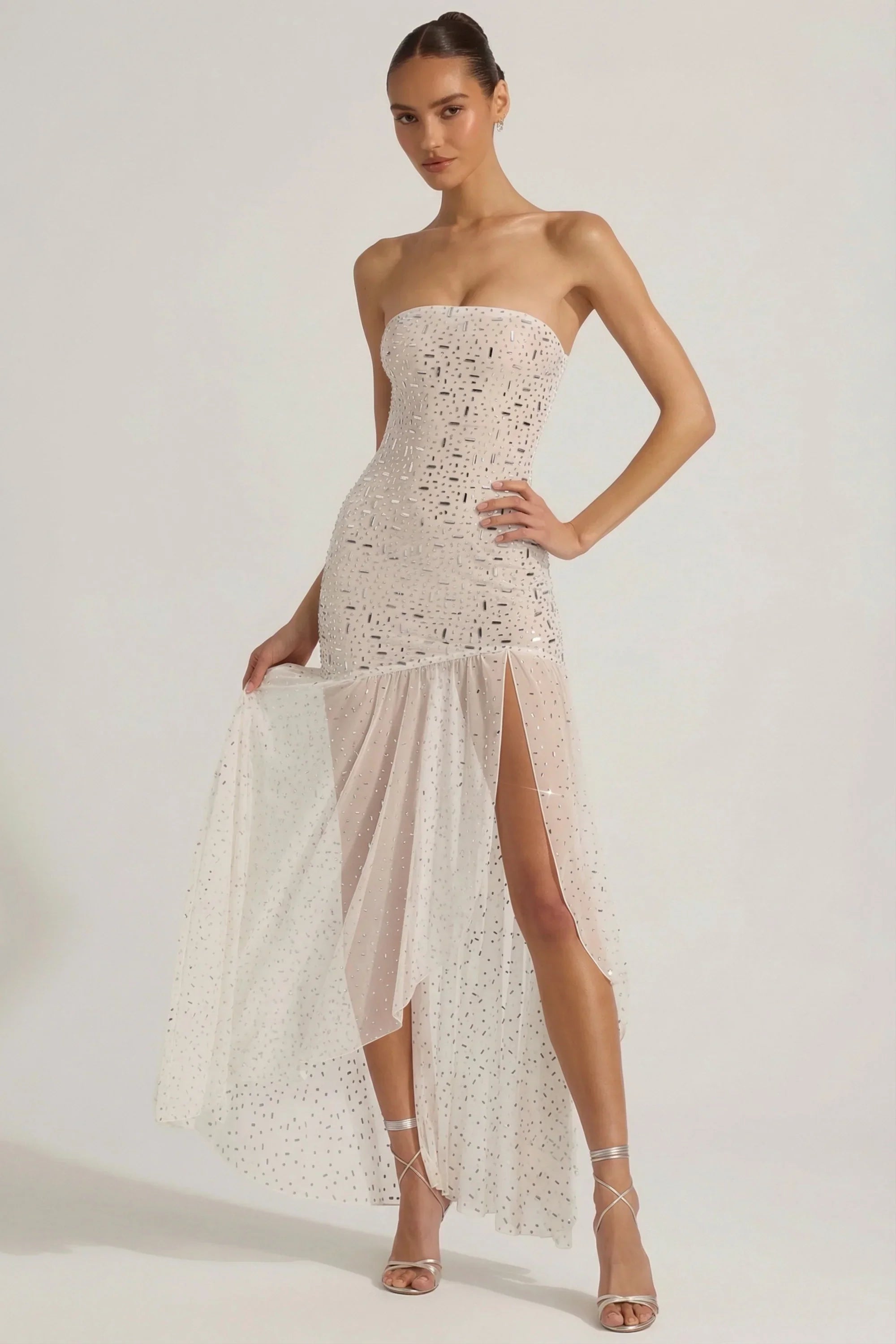 Semi Sheer Embellished Asymmetric Maxi Dress in White