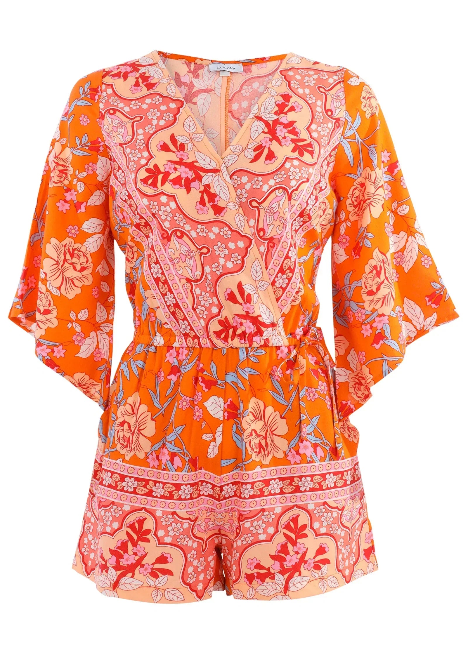 3 4 Sleeve Printed Romper Orange Multi