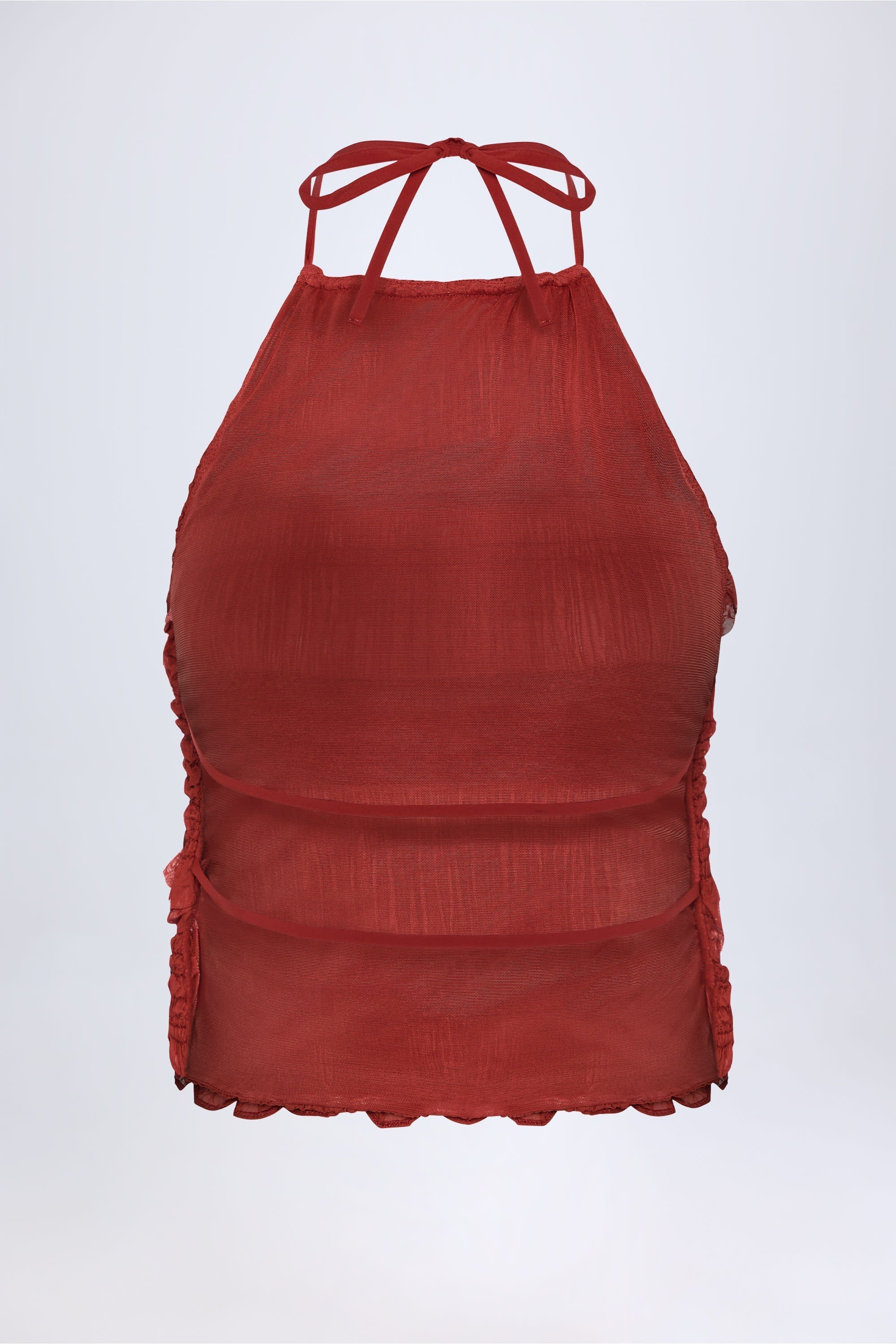 Ruffled High Neck Backless Top in Burnt Red
