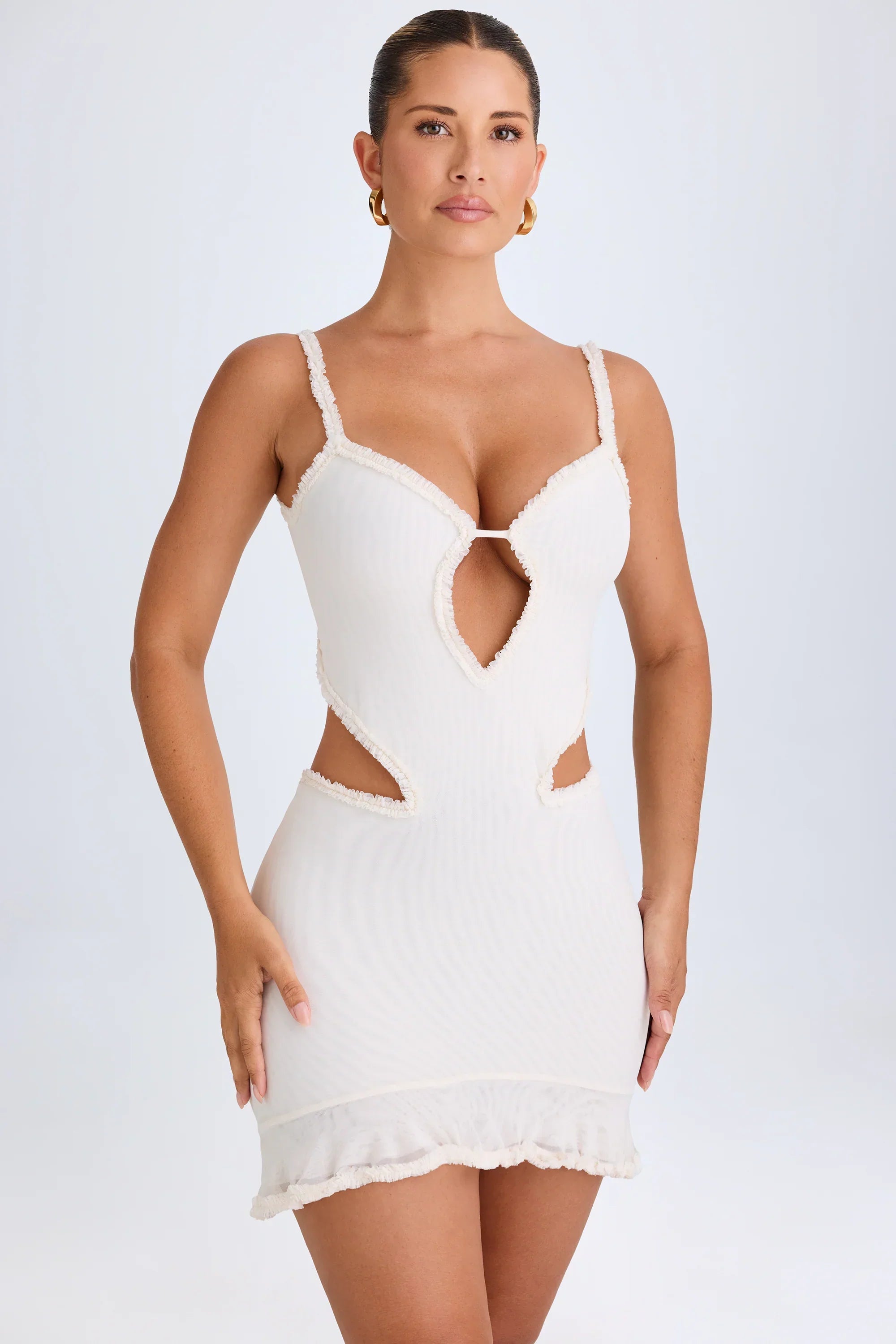 Ruffle Appliqué Cut Out Mini Dress in White