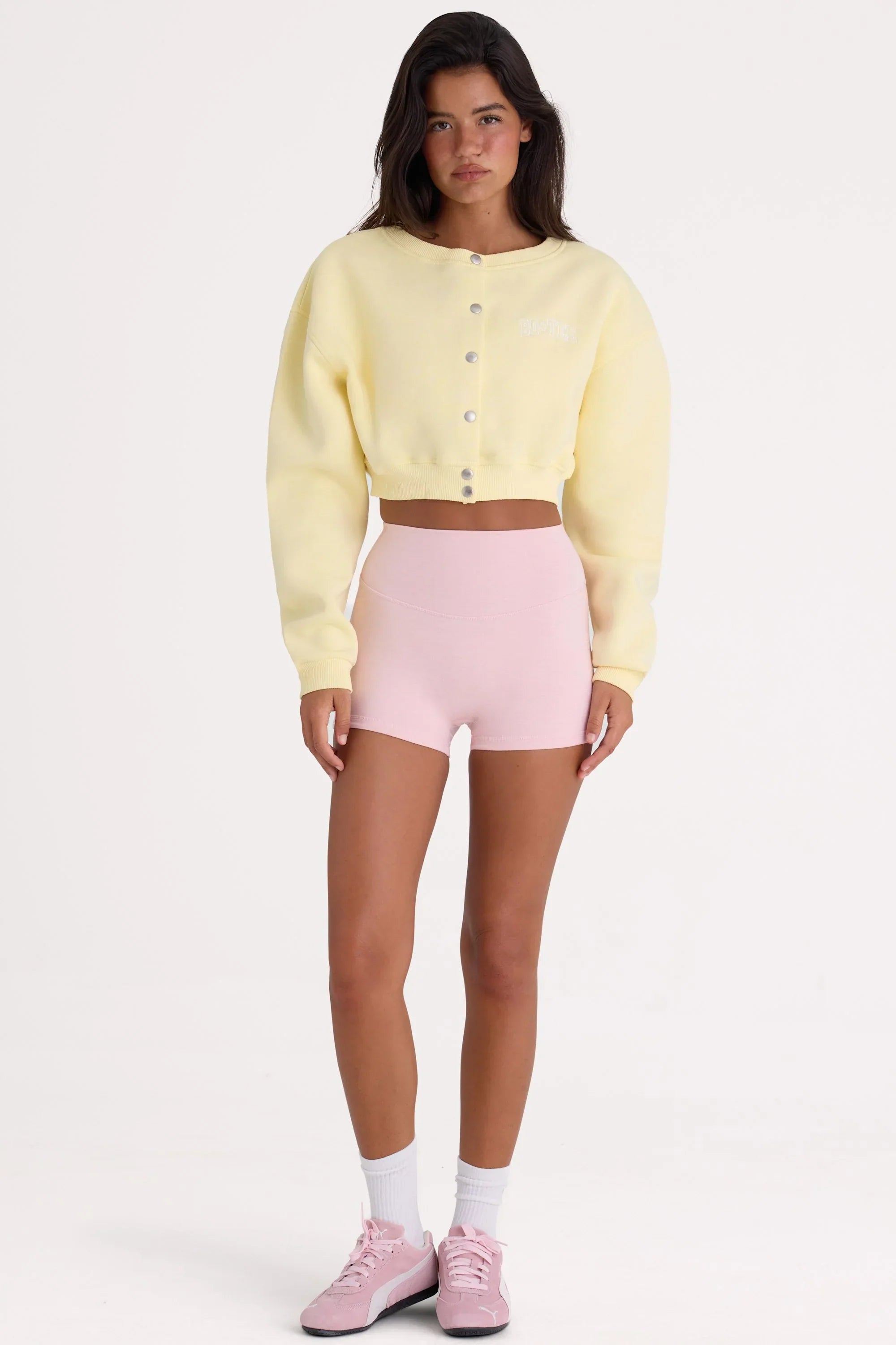 Brushed Jersey Button Up Cropped Cardigan in Lemon