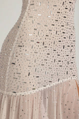 Semi Sheer Embellished Asymmetric Maxi Dress in White