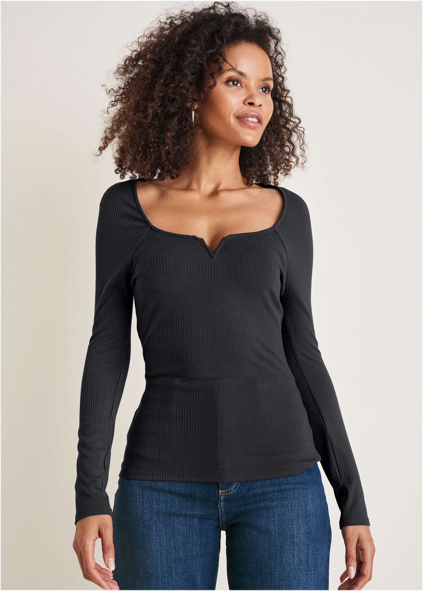 Deep Scoop Neck Ribbed Top Jet Black