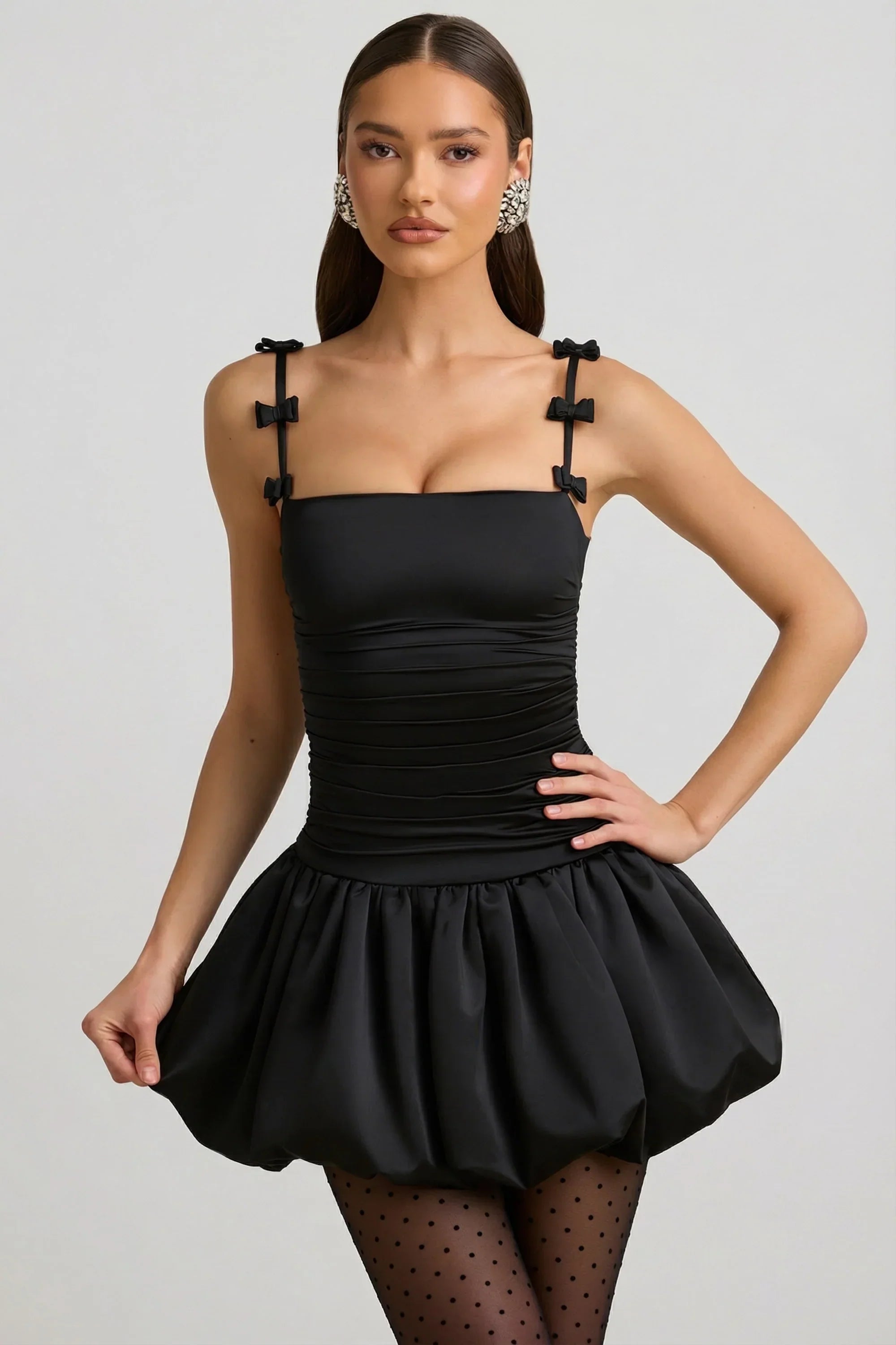 Bow Detail Ruched Bubble Hem Mini Dress in Black