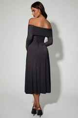 Off Shoulder Lace Up A Line Midaxi Dress in Black