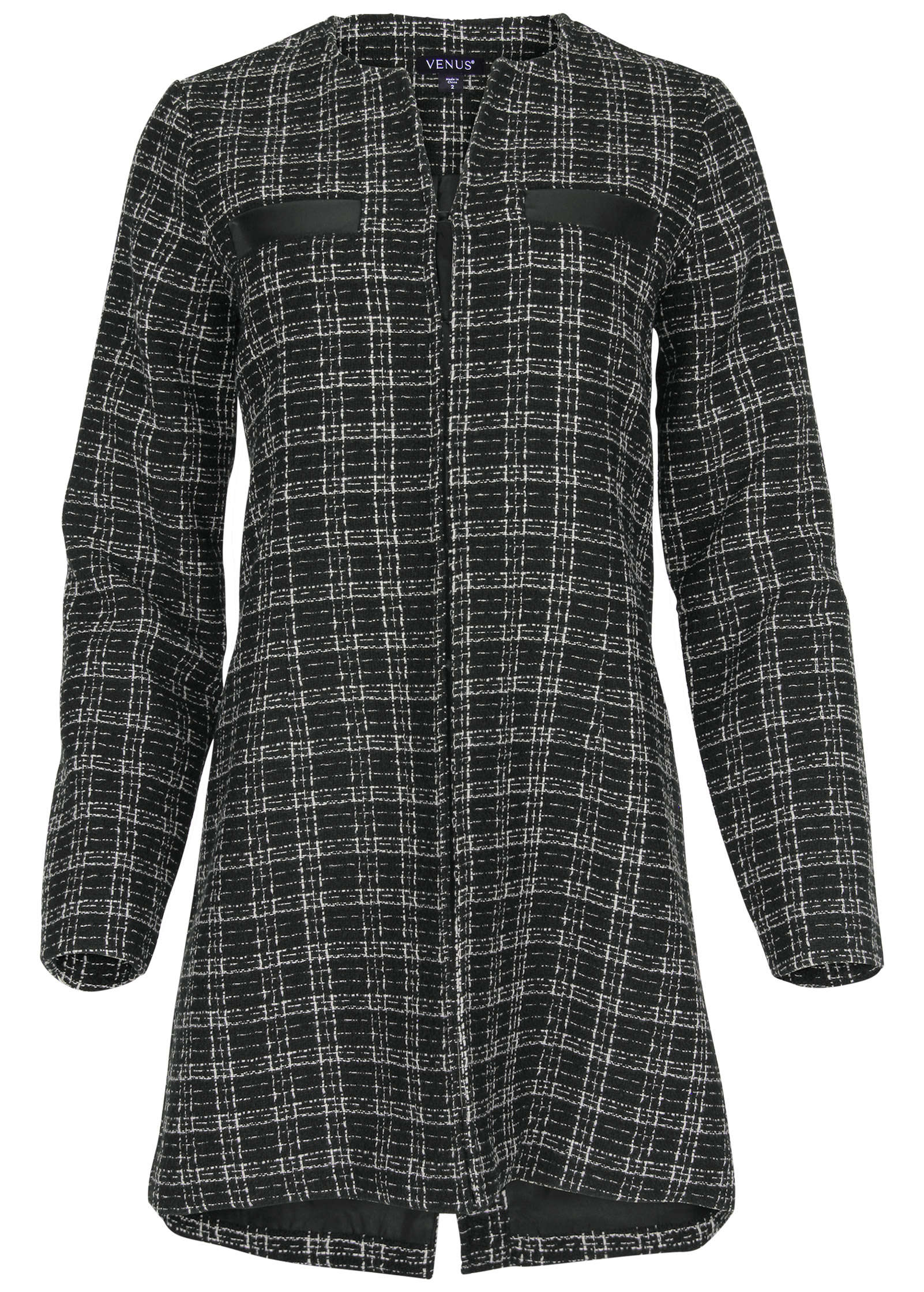 Tweed And Faux Leather Coat Black White