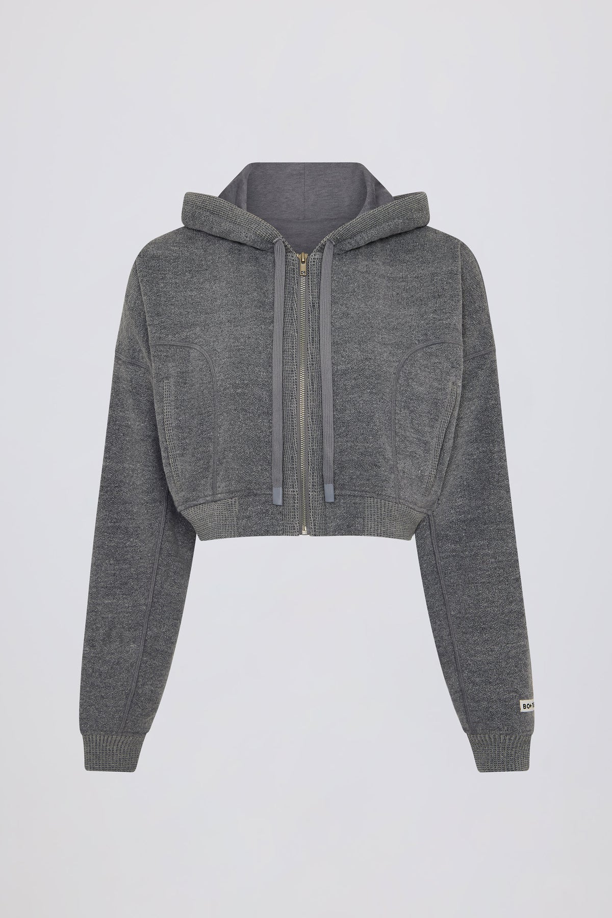 Terry Cotton Zip Up Cropped Hoodie in Dark Grey