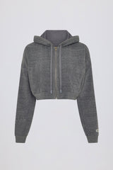 Terry Cotton Zip Up Cropped Hoodie in Dark Grey