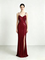 Burgundy Sequin Mermaid Maxi Evening Dress