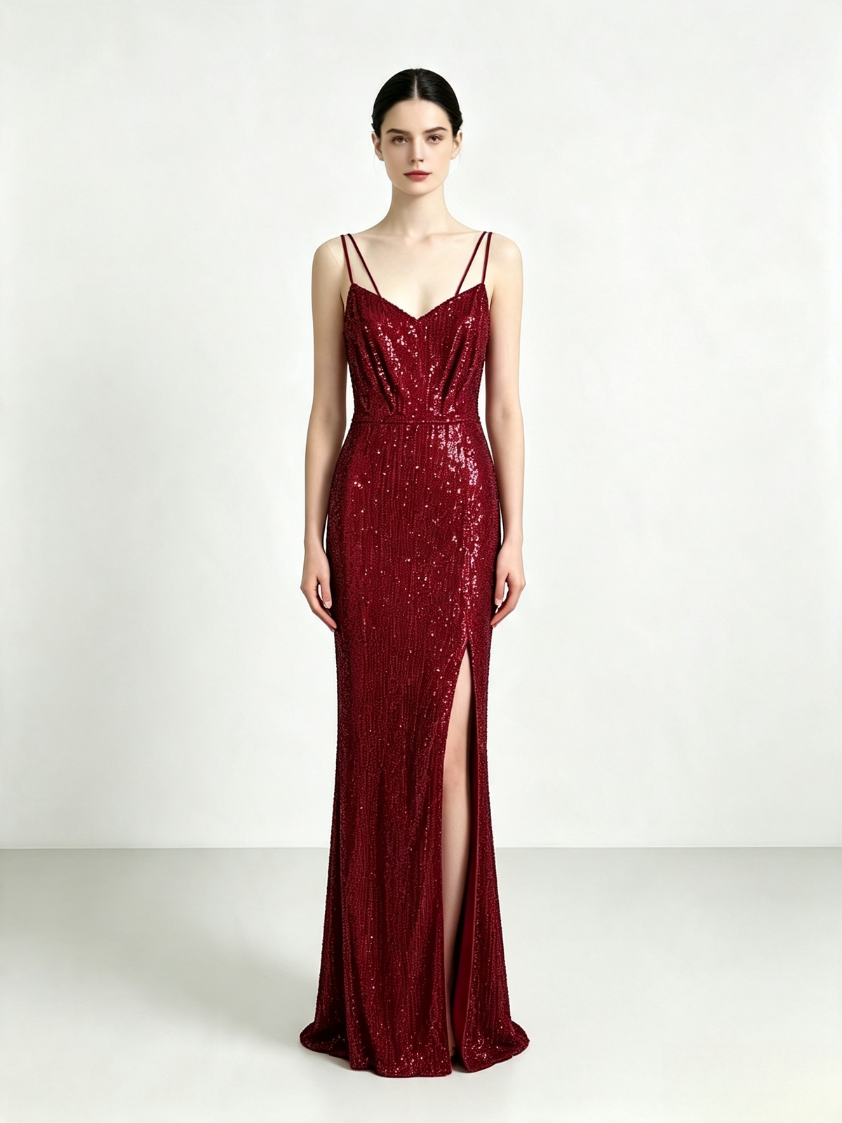 Burgundy Sequin Mermaid Maxi Evening Dress