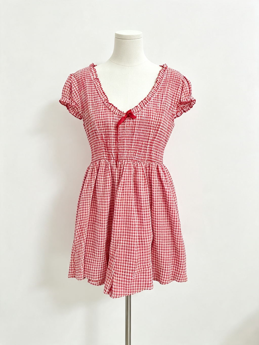 Red Gingham Ruffle V-Neck Mini Dress